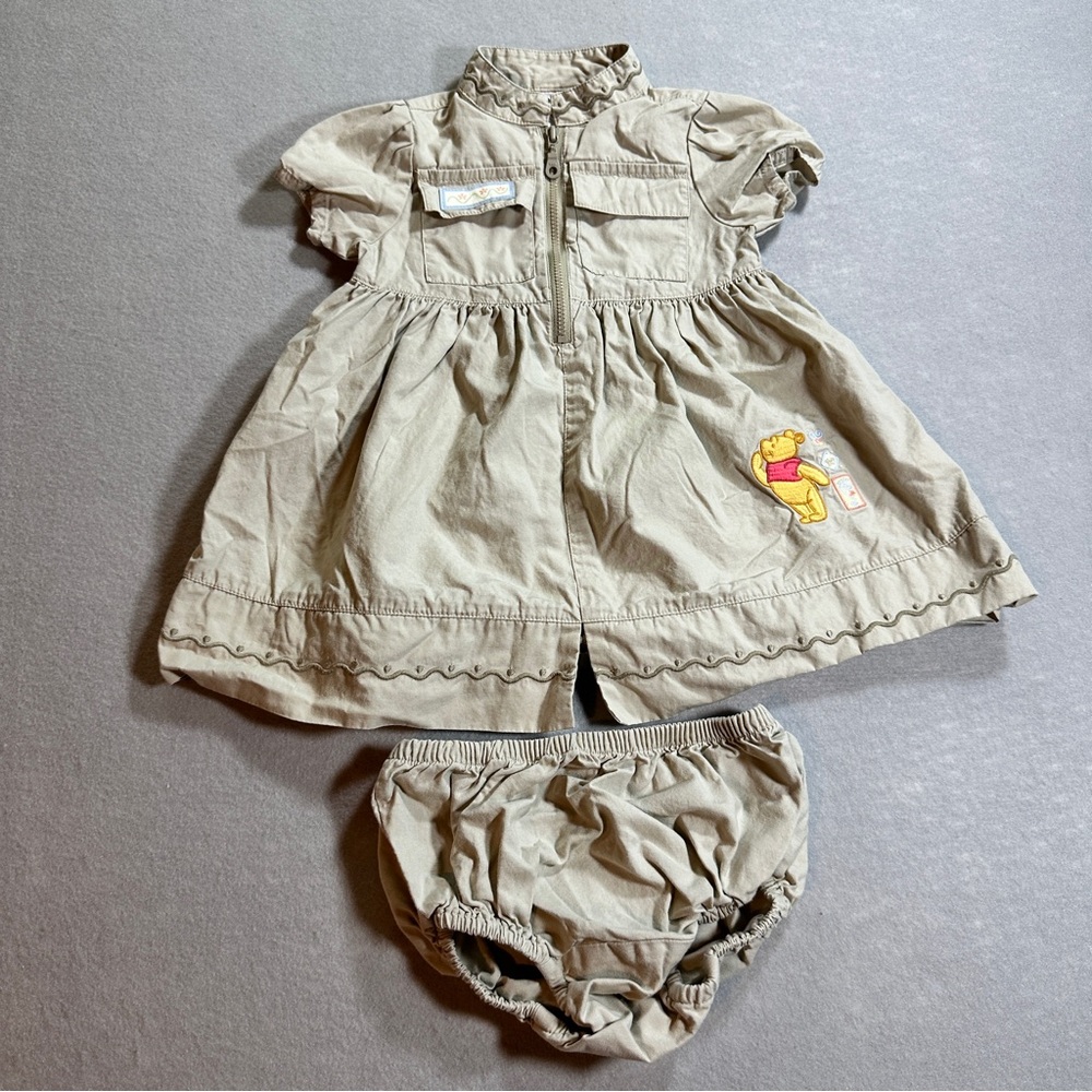 Vintage Disney Winnie the Pooh Baby Dress Bloomer Set 12 Months‎ Khaki Safari